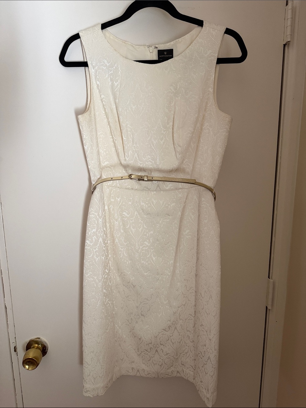 Worthington Ivory Jacquard Sheath Dress with Slim Gold Belt